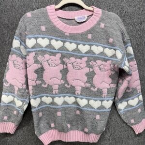 Vintage 80s Sweater Dancing Pig Hearts Fairy Kei Harajuku All Over Print‎ Size M